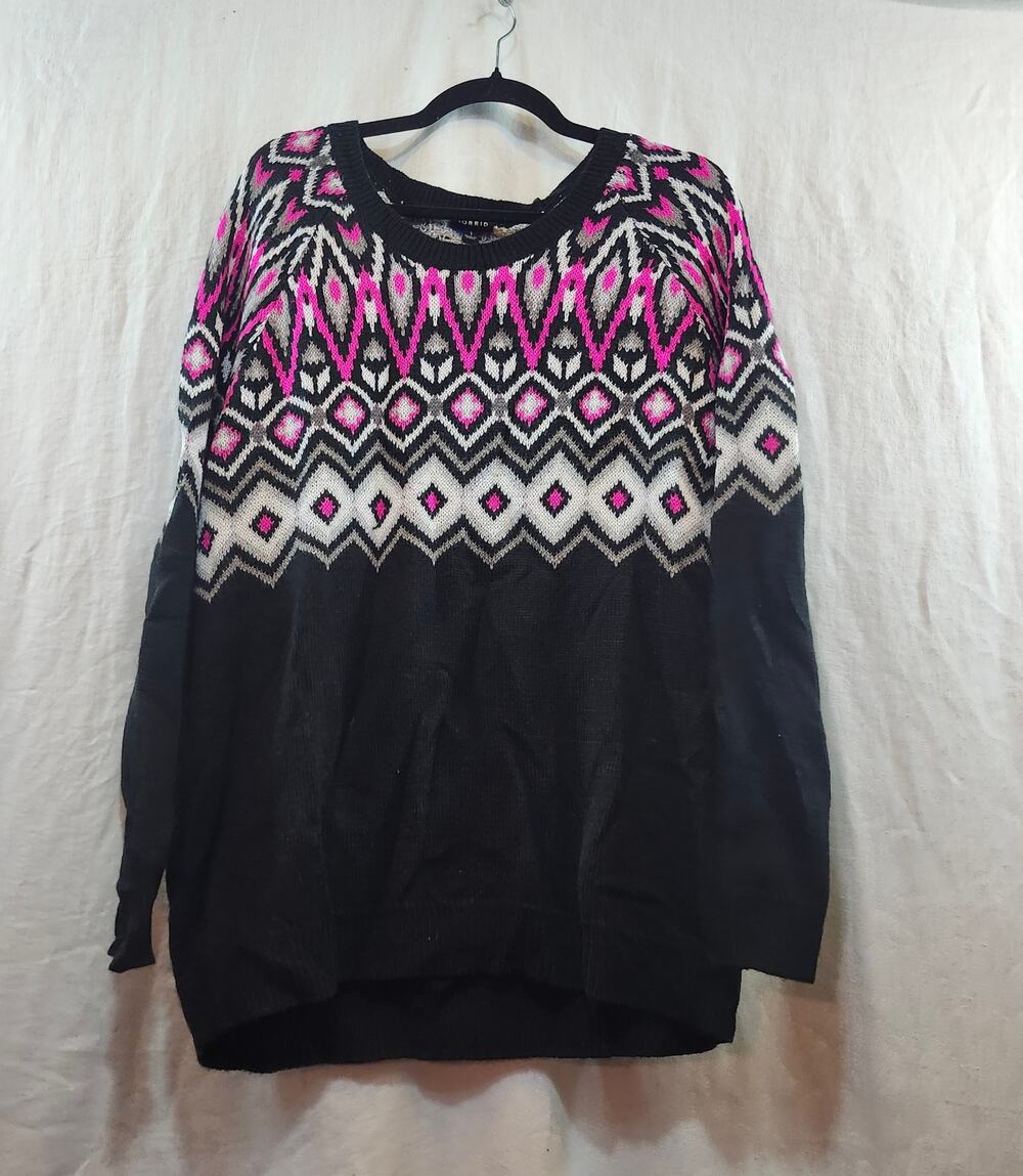 Torrid 1 Faire Isle Hot Pink Black Sweater Crew Neck Long Sleeve